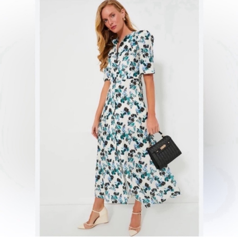 Tuckernuck White Maxi Dress with Teal & Black Floral Print